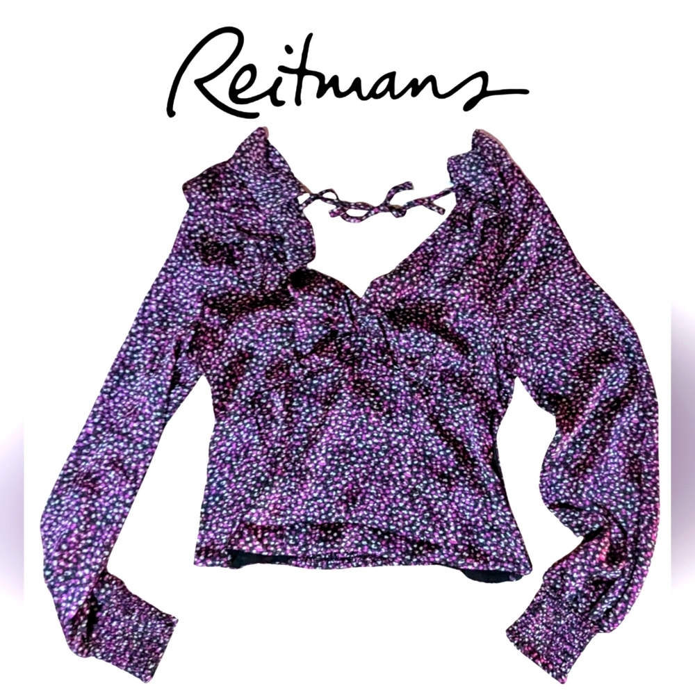 Reitmans XSmall BNWT, V-neck purple black pattern, pouf sleeve blouse